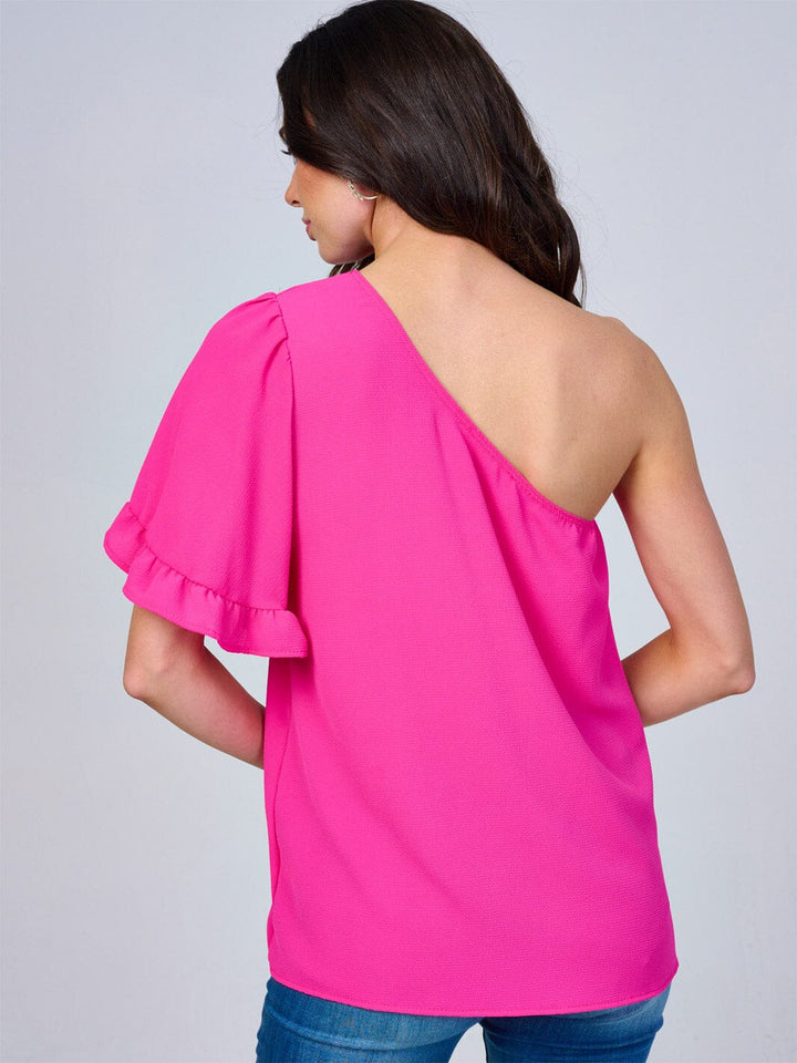 WOMEN'S ONE SHOULDER SHORT RUFFLE SLEEVE BLOUSE