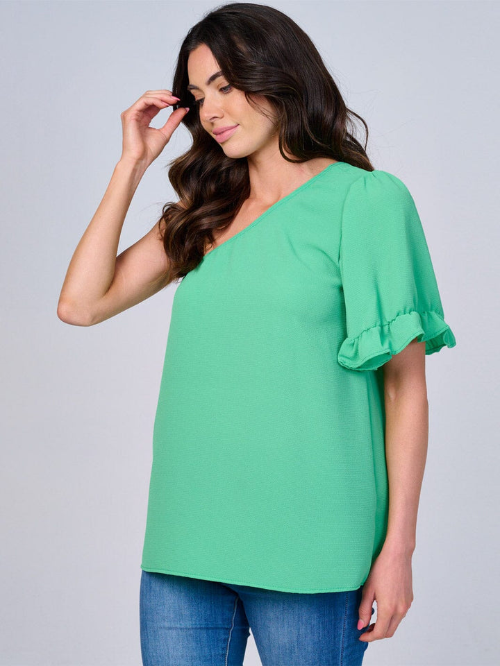 WOMEN'S ONE SHOULDER SHORT RUFFLE SLEEVE BLOUSE