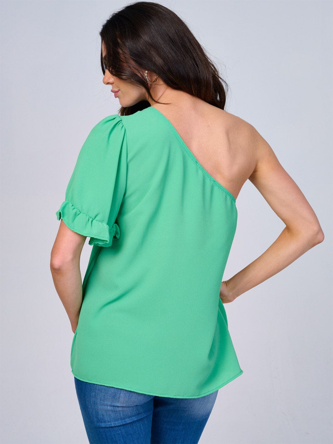WOMEN'S ONE SHOULDER SHORT RUFFLE SLEEVE BLOUSE