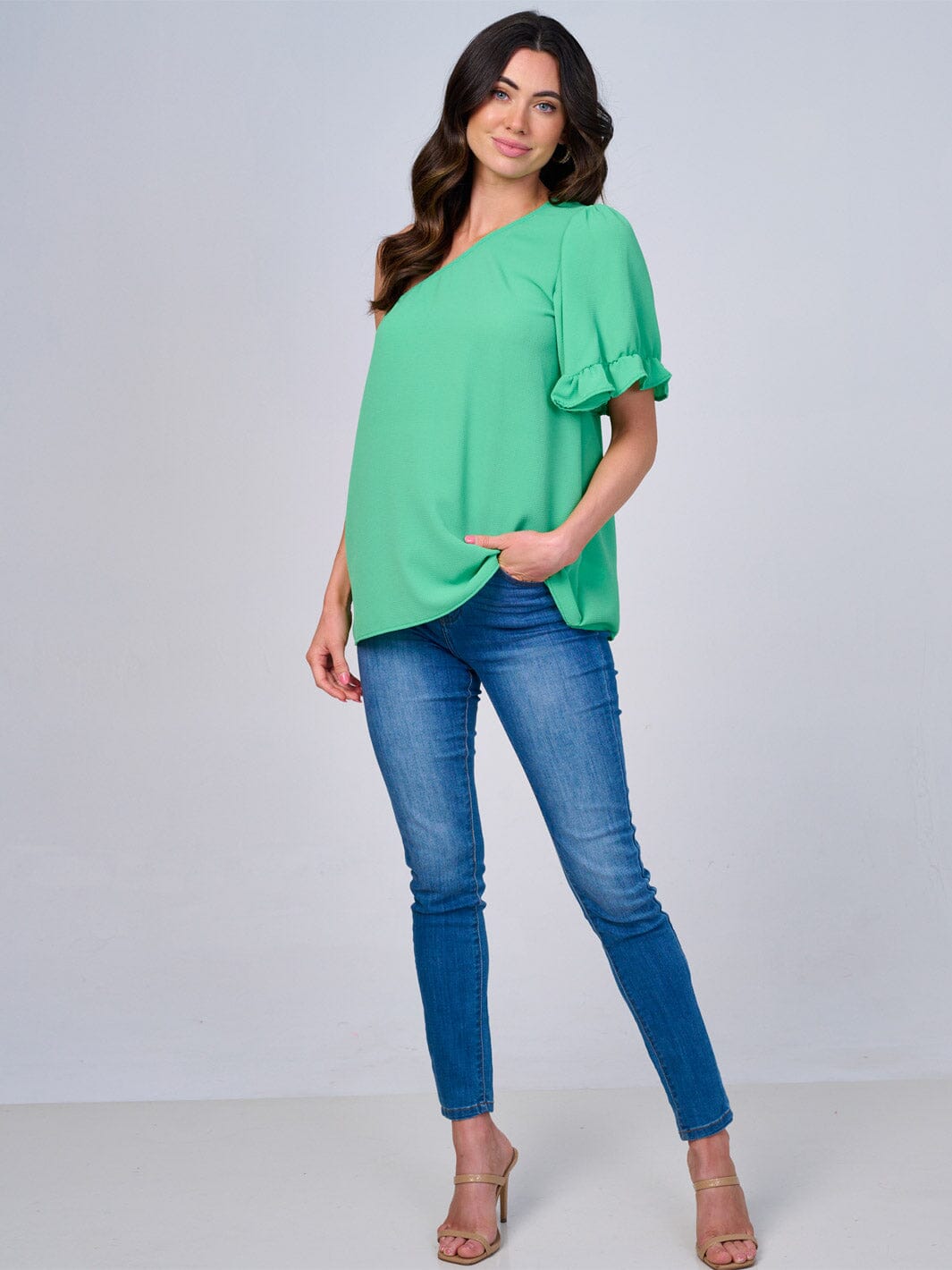 WOMEN'S ONE SHOULDER SHORT RUFFLE SLEEVE BLOUSE