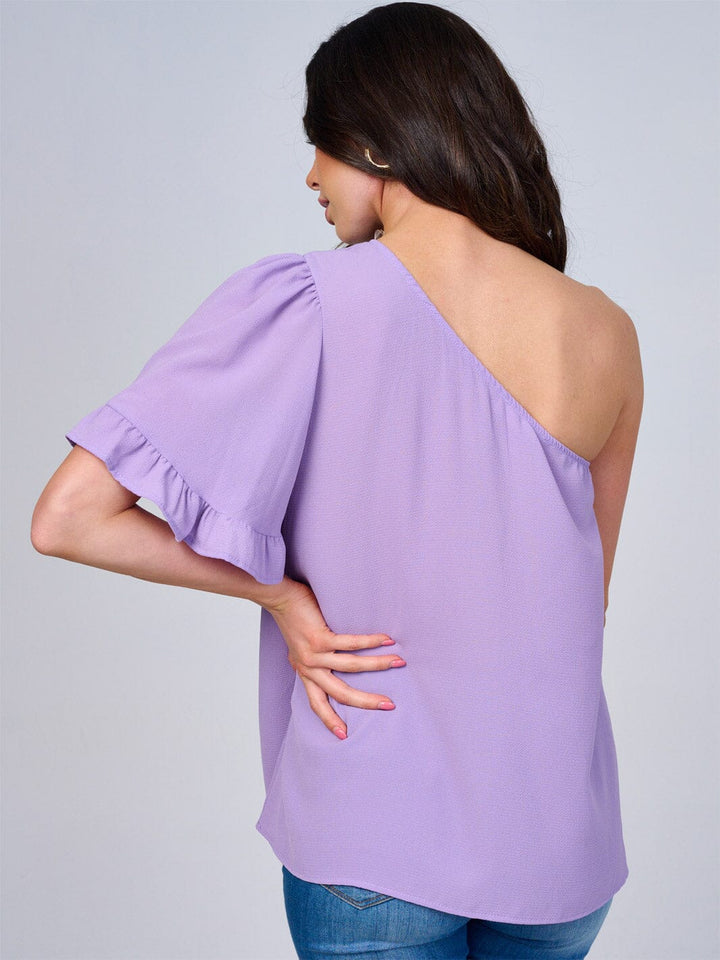 WOMEN'S ONE SHOULDER SHORT RUFFLE SLEEVE BLOUSE