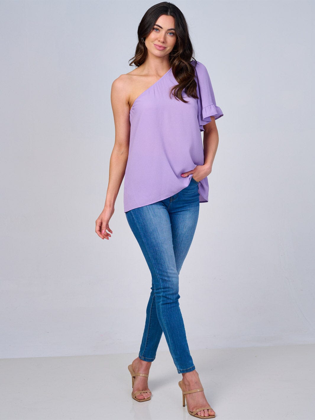 WOMEN'S ONE SHOULDER SHORT RUFFLE SLEEVE BLOUSE