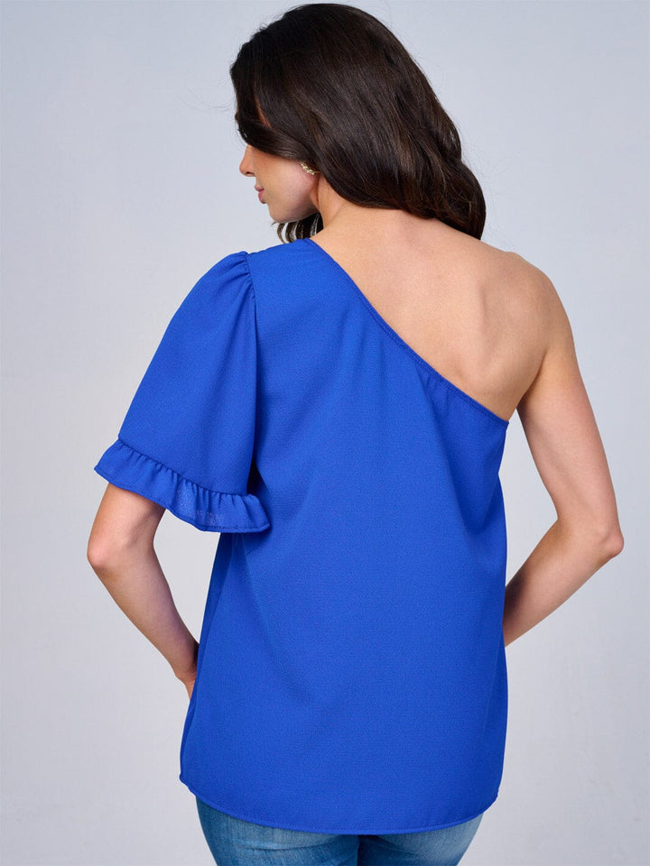 WOMEN'S ONE SHOULDER SHORT RUFFLE SLEEVE BLOUSE