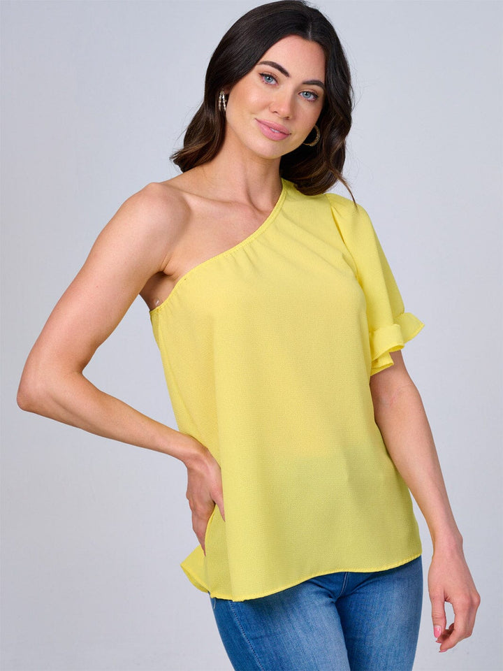 WOMEN'S ONE SHOULDER SHORT RUFFLE SLEEVE BLOUSE