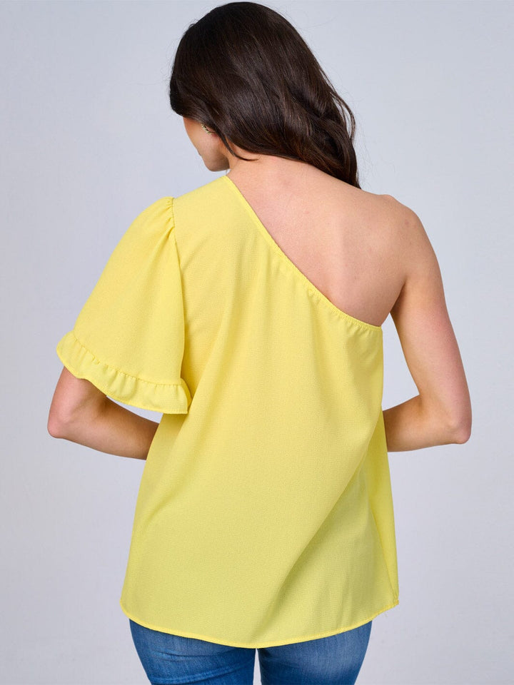 WOMEN'S ONE SHOULDER SHORT RUFFLE SLEEVE BLOUSE