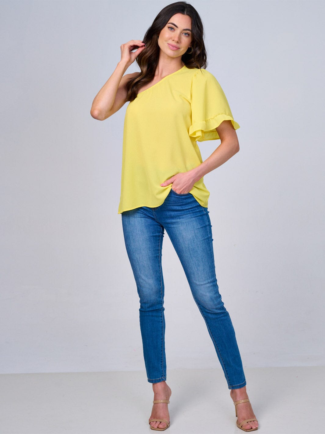 WOMEN'S ONE SHOULDER SHORT RUFFLE SLEEVE BLOUSE