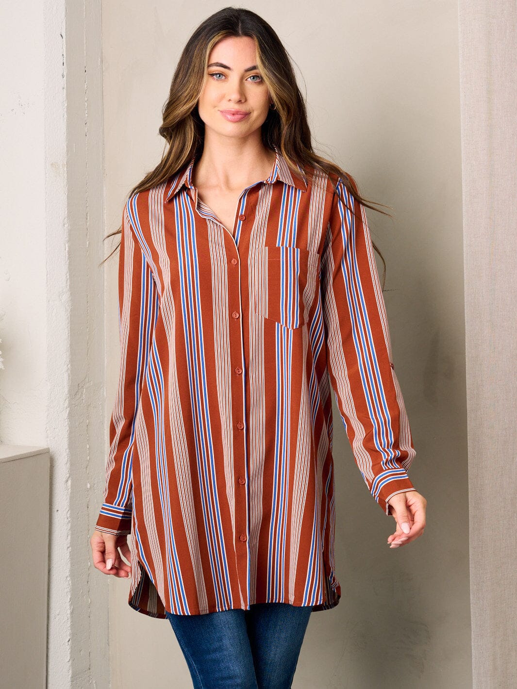 WOMEN'S LONG SLEEVE BUTTON UP MULTI TOP