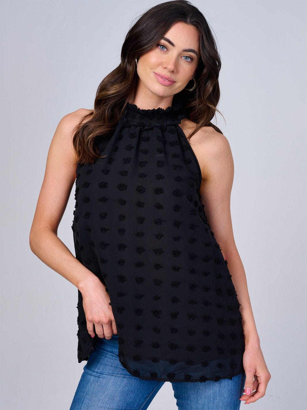 WOMEN'S SLEEVELESS HALTER NECK SWISS DETAILED TOP