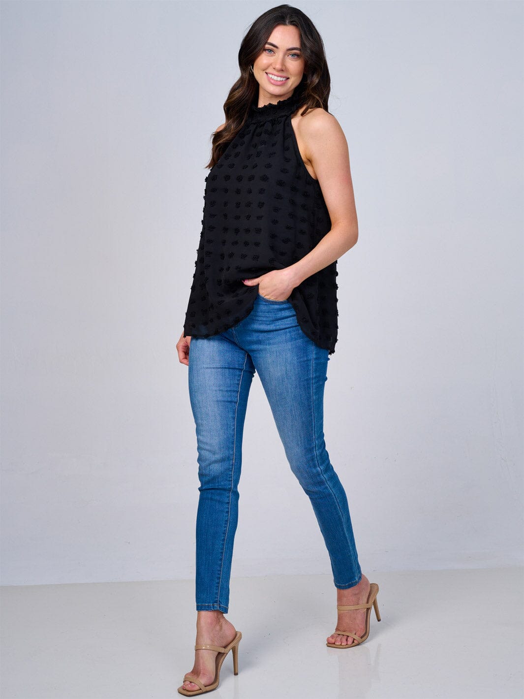 WOMEN'S SLEEVELESS HALTER NECK SWISS DETAILED TOP