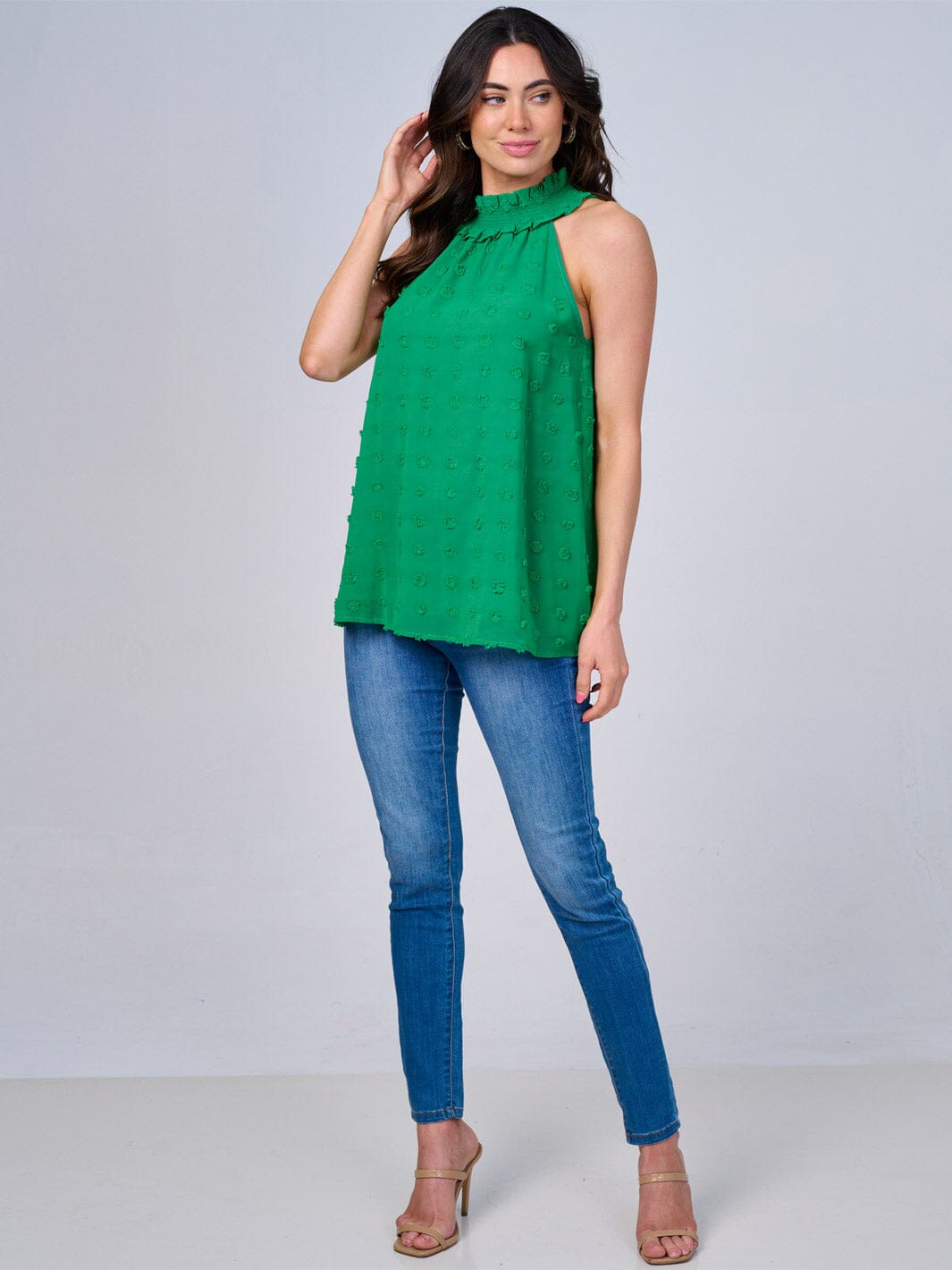 WOMEN'S SLEEVELESS HALTER NECK SWISS DETAILED TOP