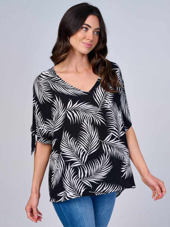 WOMEN'S SHORT SLEEVES V-NECK HIGH-LOW LEAF PRINT BLOUSE