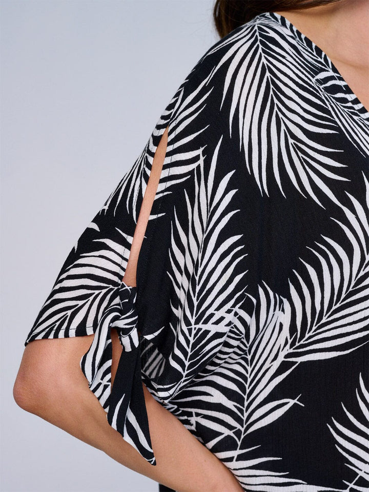 WOMEN'S SHORT SLEEVES V-NECK HIGH-LOW LEAF PRINT BLOUSE