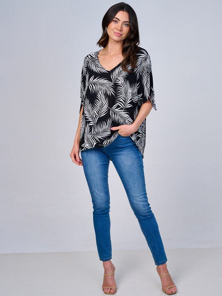 WOMEN'S SHORT SLEEVES V-NECK HIGH-LOW LEAF PRINT BLOUSE