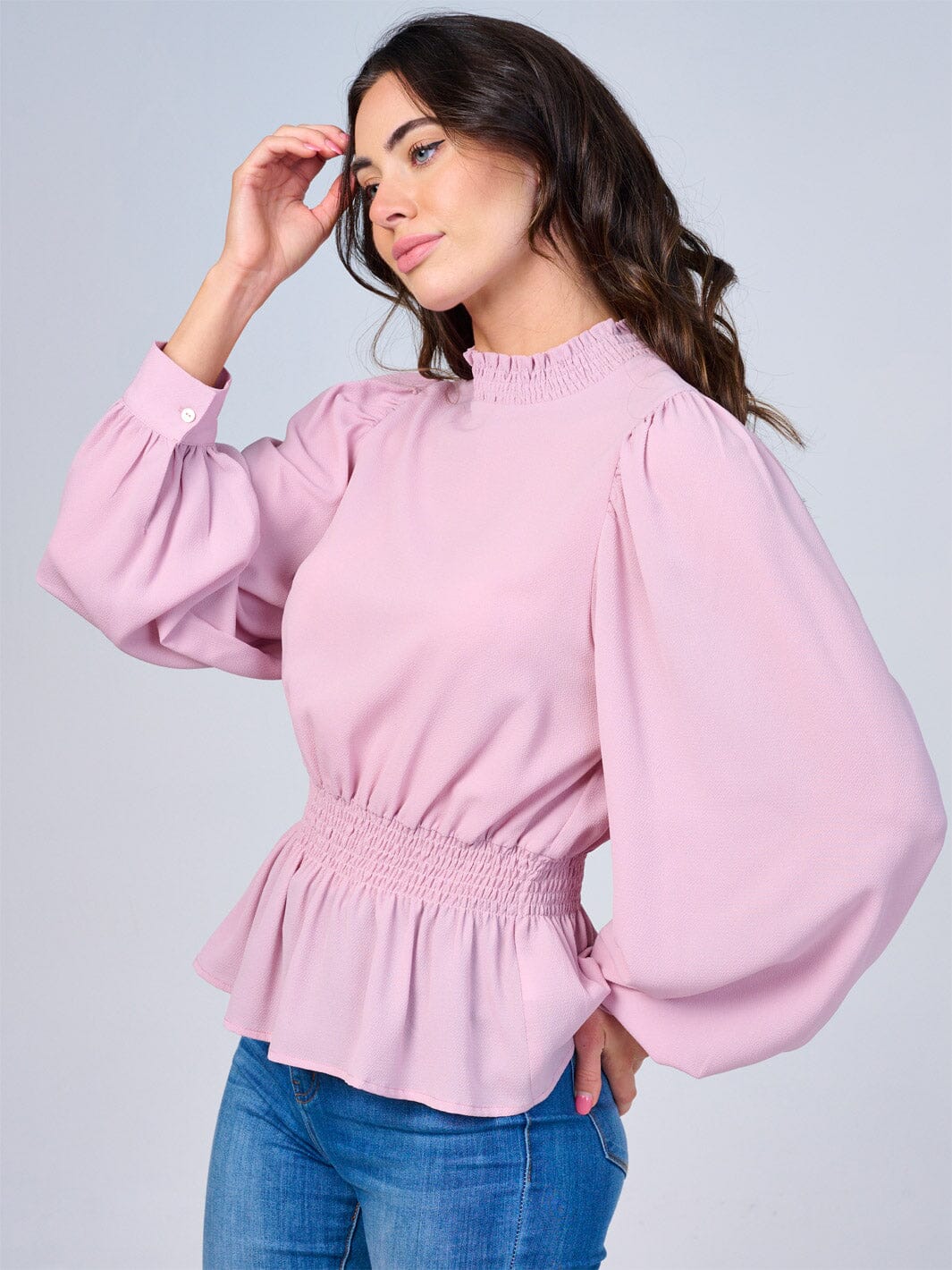 WOMEN'S LONG SLEEVES MOCK NECK SMOCK WAIST PEPLUM BLOUSE
