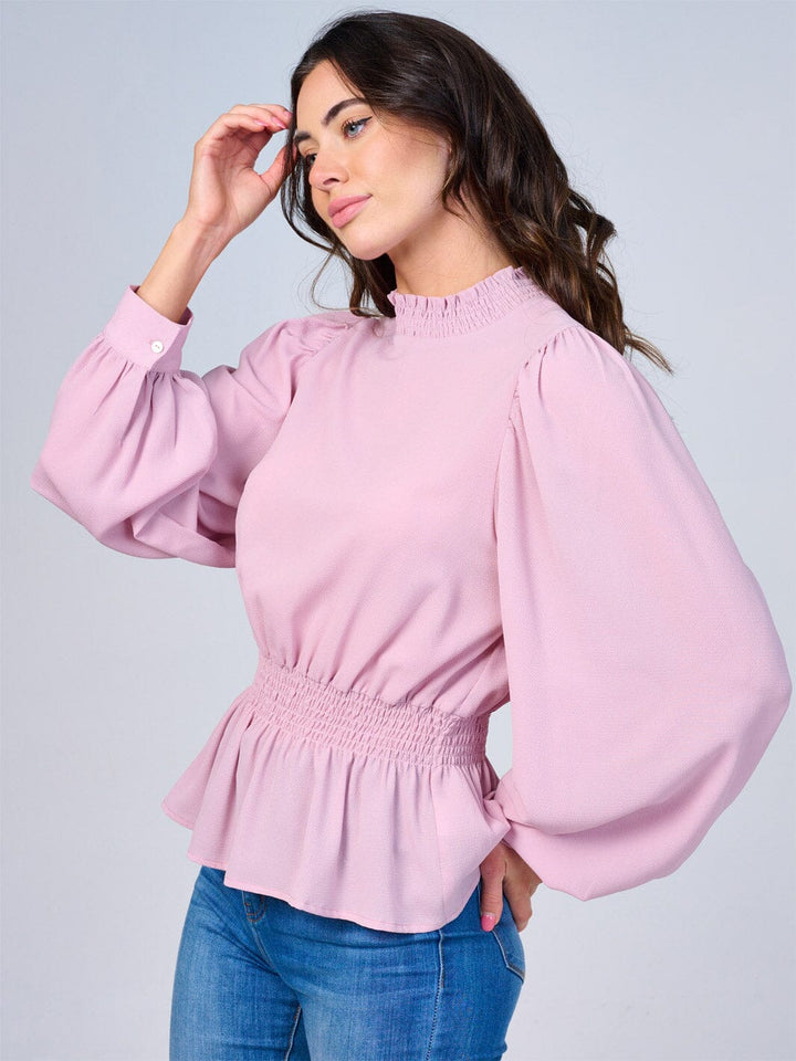 WOMEN'S LONG SLEEVES MOCK NECK SMOCK WAIST PEPLUM BLOUSE