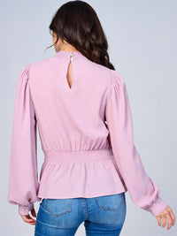 WOMEN'S LONG SLEEVES MOCK NECK SMOCK WAIST PEPLUM BLOUSE