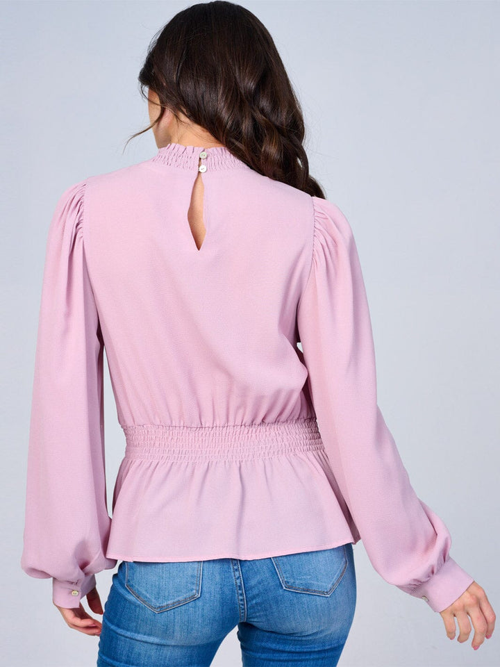 WOMEN'S LONG SLEEVES MOCK NECK SMOCK WAIST PEPLUM BLOUSE