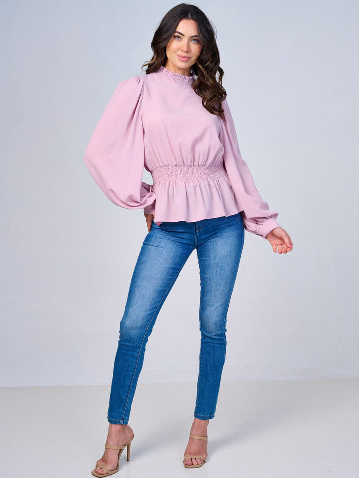 WOMEN'S LONG SLEEVES MOCK NECK SMOCK WAIST PEPLUM BLOUSE