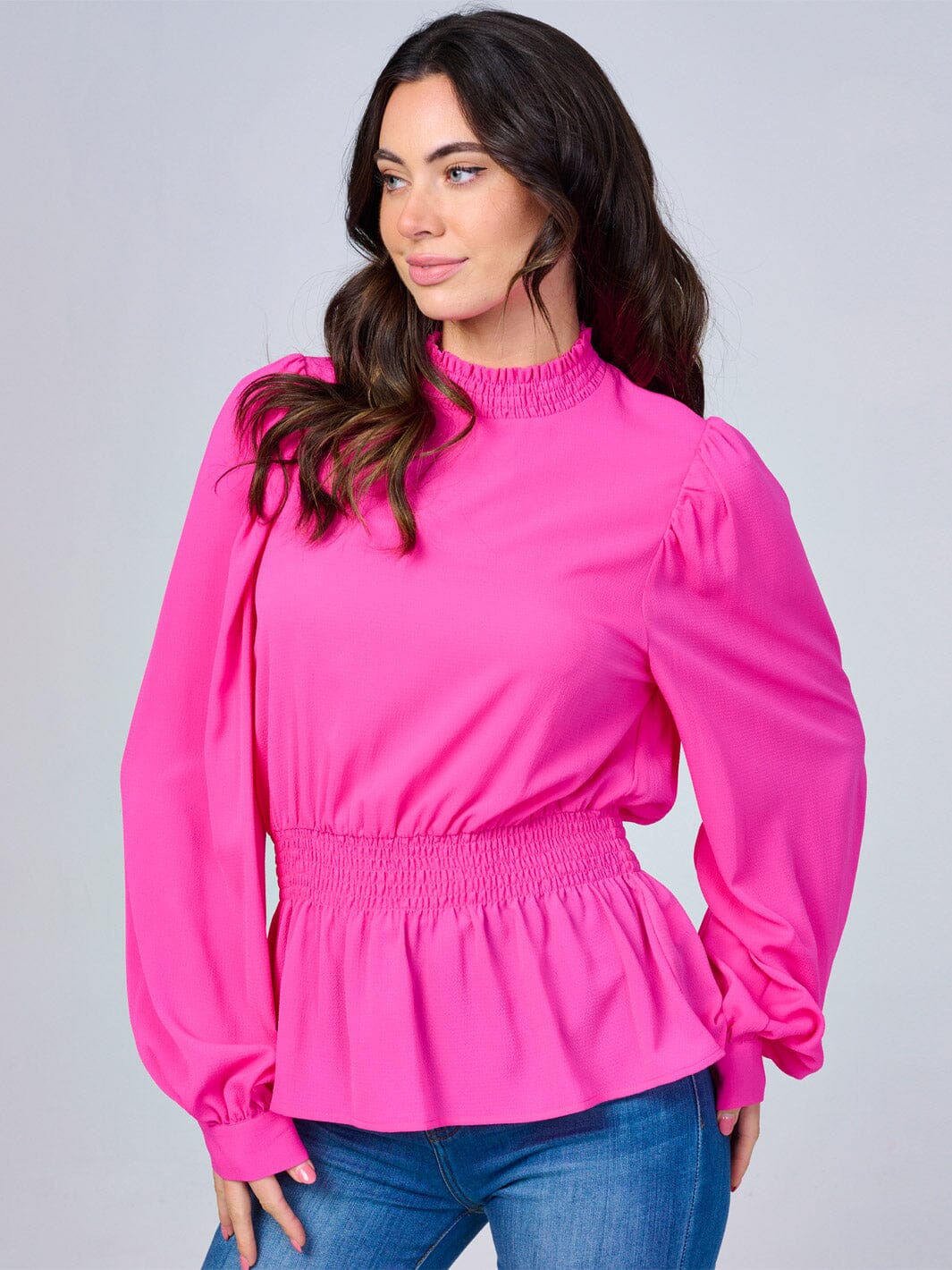 WOMEN'S LONG SLEEVES MOCK NECK SMOCK WAIST PEPLUM BLOUSE