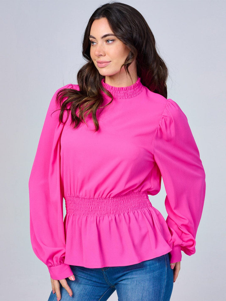 WOMEN'S LONG SLEEVES MOCK NECK SMOCK WAIST PEPLUM BLOUSE