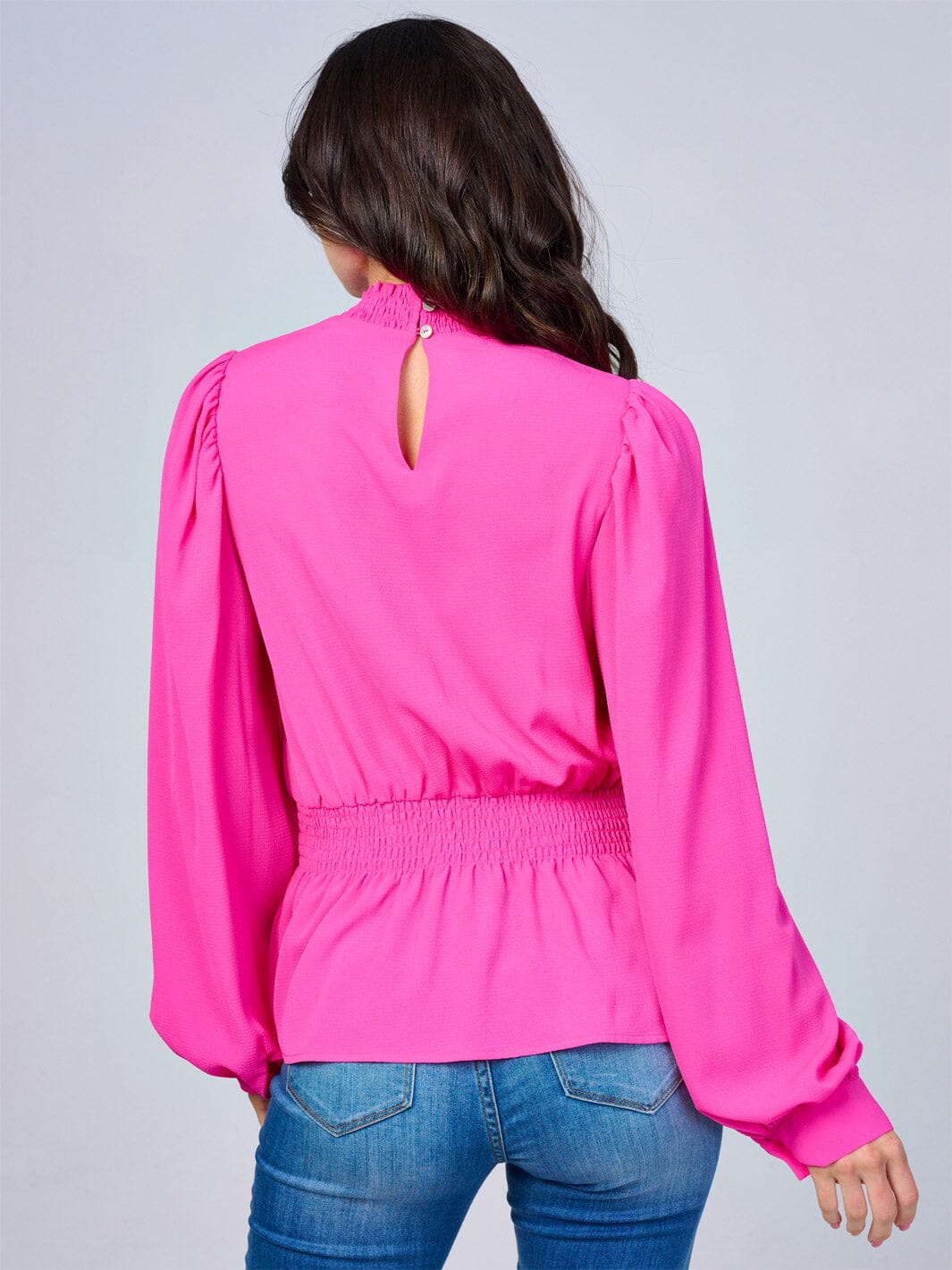 WOMEN'S LONG SLEEVES MOCK NECK SMOCK WAIST PEPLUM BLOUSE