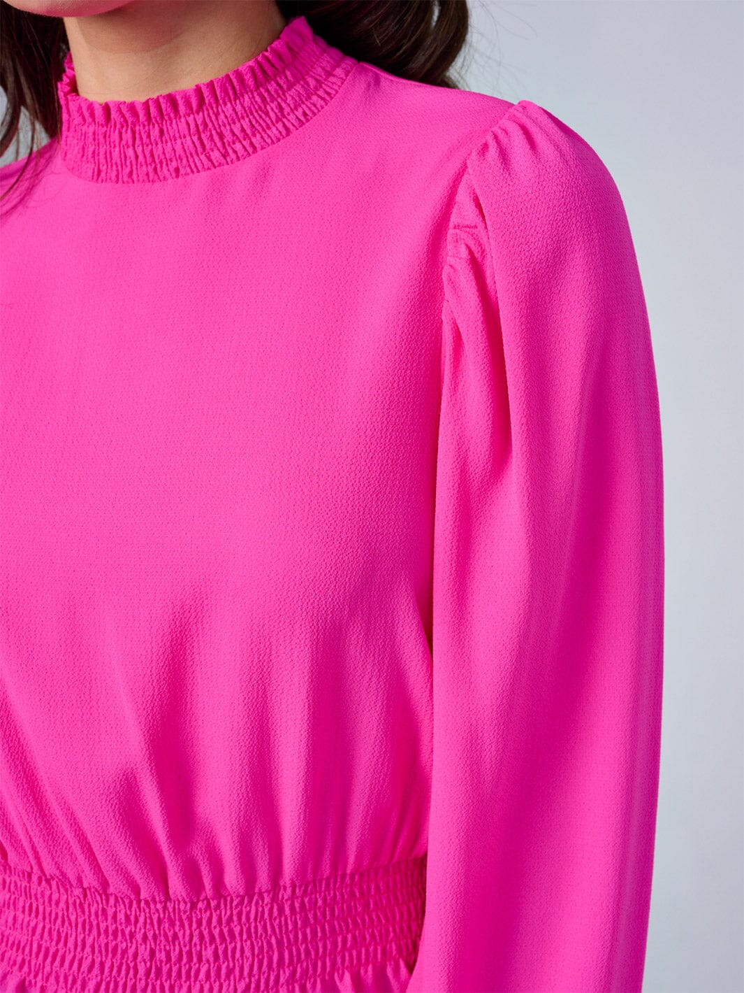 WOMEN'S LONG SLEEVES MOCK NECK SMOCK WAIST PEPLUM BLOUSE