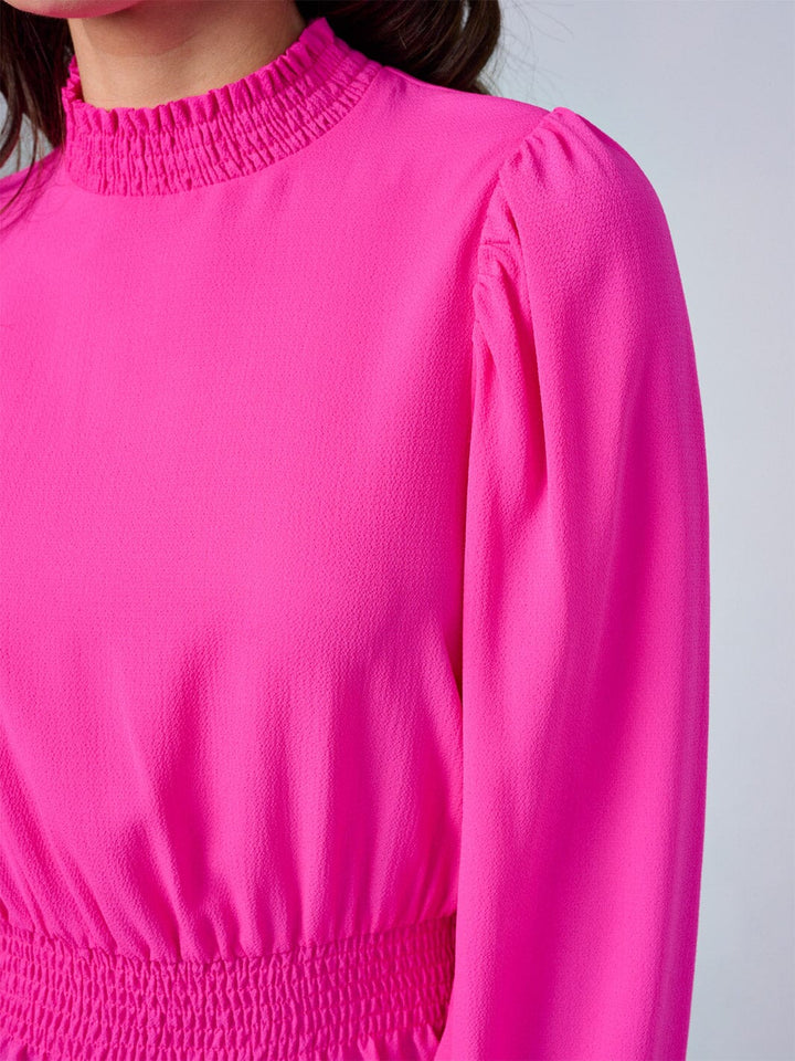 WOMEN'S LONG SLEEVES MOCK NECK SMOCK WAIST PEPLUM BLOUSE