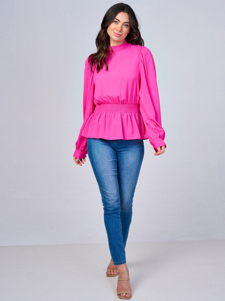 WOMEN'S LONG SLEEVES MOCK NECK SMOCK WAIST PEPLUM BLOUSE