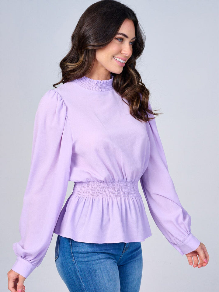 WOMEN'S LONG SLEEVES MOCK NECK SMOCK WAIST PEPLUM BLOUSE