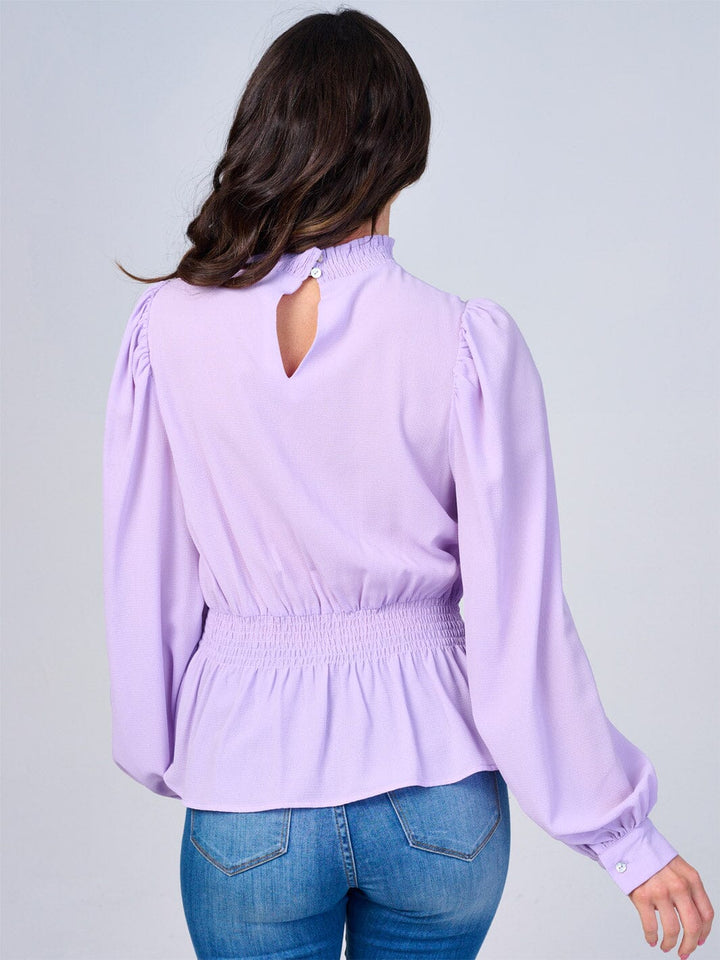 WOMEN'S LONG SLEEVES MOCK NECK SMOCK WAIST PEPLUM BLOUSE