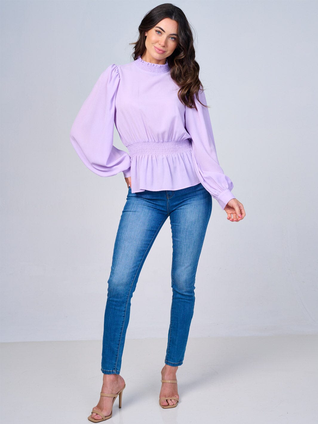 WOMEN'S LONG SLEEVES MOCK NECK SMOCK WAIST PEPLUM BLOUSE