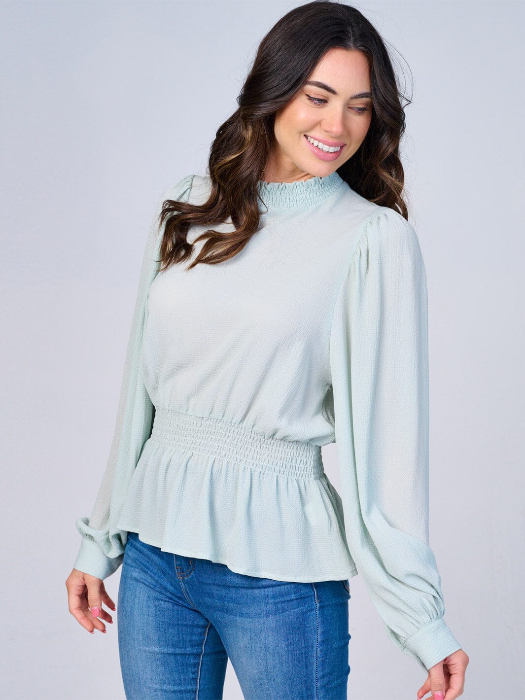 WOMEN'S LONG SLEEVES MOCK NECK SMOCK WAIST PEPLUM BLOUSE