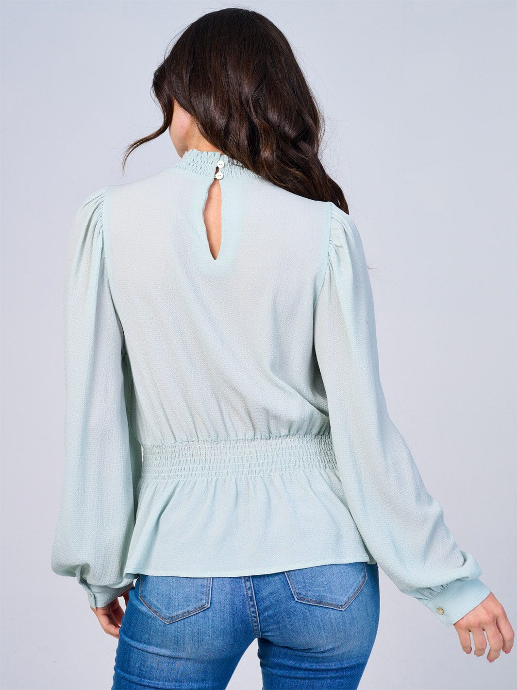 WOMEN'S LONG SLEEVES MOCK NECK SMOCK WAIST PEPLUM BLOUSE