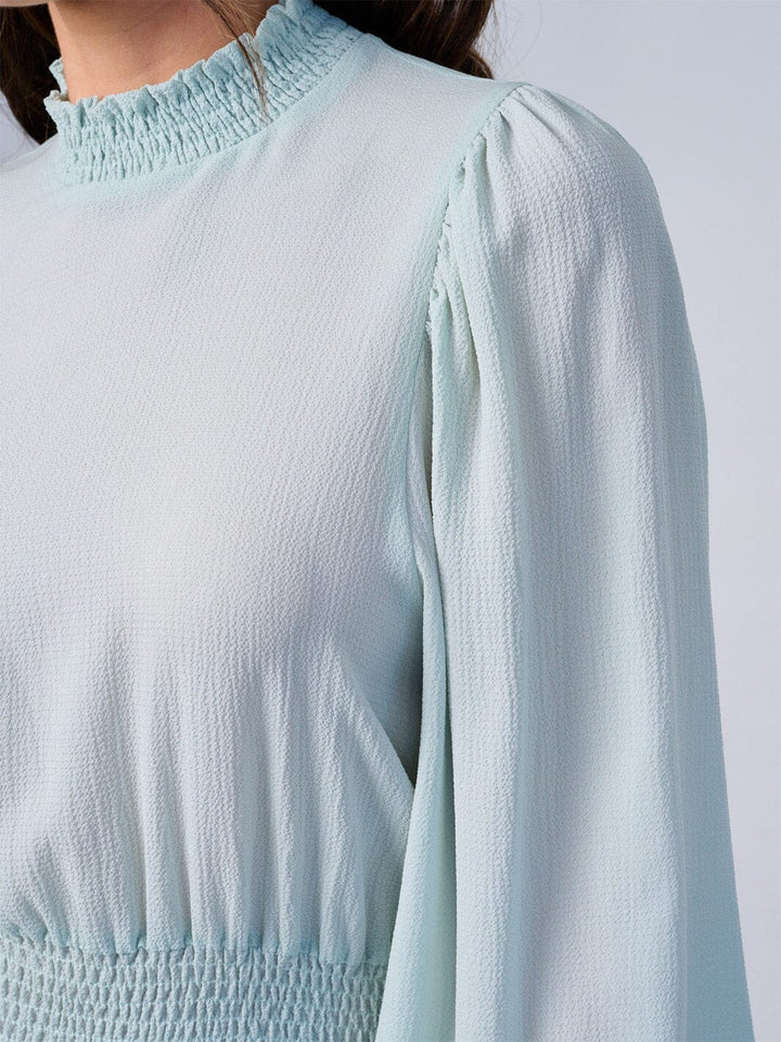 WOMEN'S LONG SLEEVES MOCK NECK SMOCK WAIST PEPLUM BLOUSE