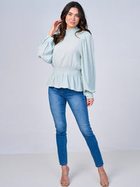 WOMEN'S LONG SLEEVES MOCK NECK SMOCK WAIST PEPLUM BLOUSE