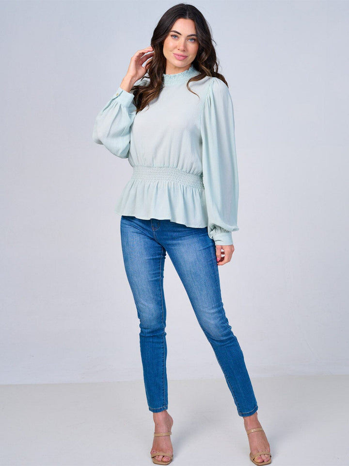 WOMEN'S LONG SLEEVES MOCK NECK SMOCK WAIST PEPLUM BLOUSE