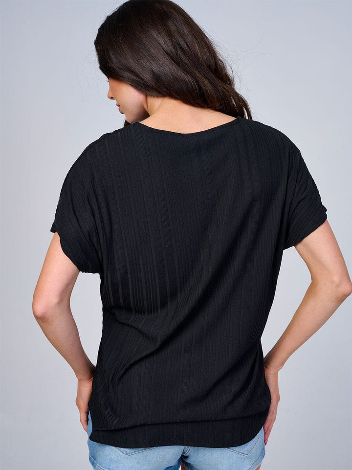 WOMEN'S SHORT SLEEVES V-NECK HIGH-LOW FRONT POCKET RIBBED BLOUSE