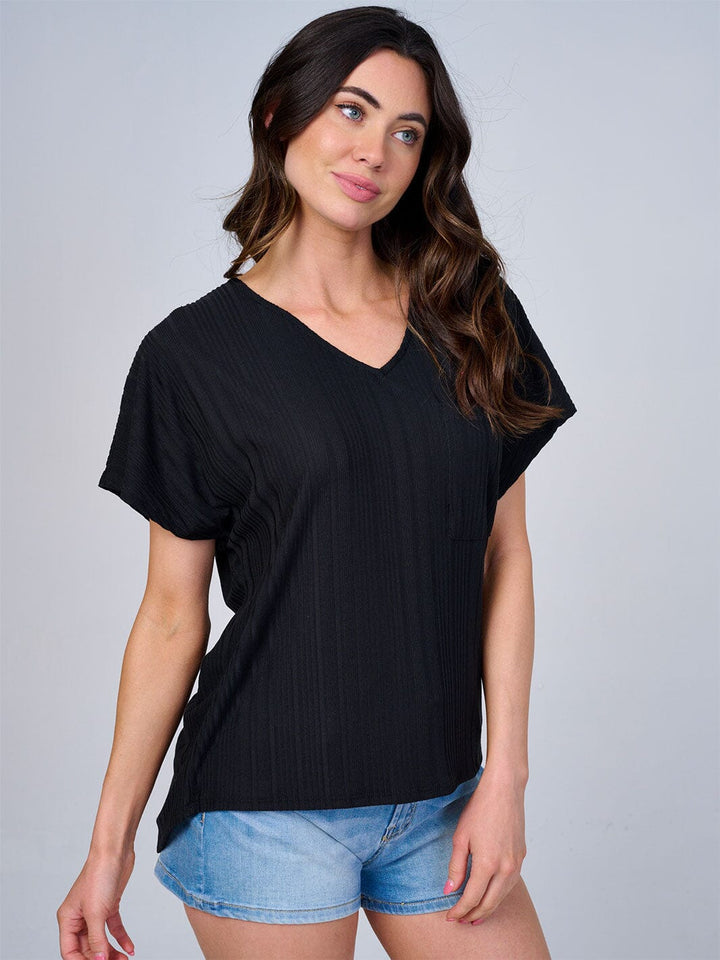 WOMEN'S SHORT SLEEVES V-NECK HIGH-LOW FRONT POCKET RIBBED BLOUSE