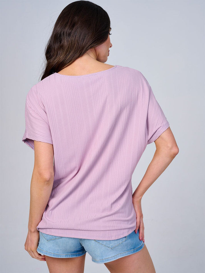 WOMEN'S SHORT SLEEVES V-NECK HIGH-LOW FRONT POCKET RIBBED BLOUSE