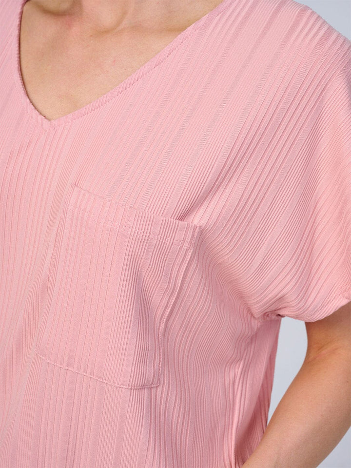 WOMEN'S SHORT SLEEVES V-NECK HIGH-LOW FRONT POCKET RIBBED BLOUSE