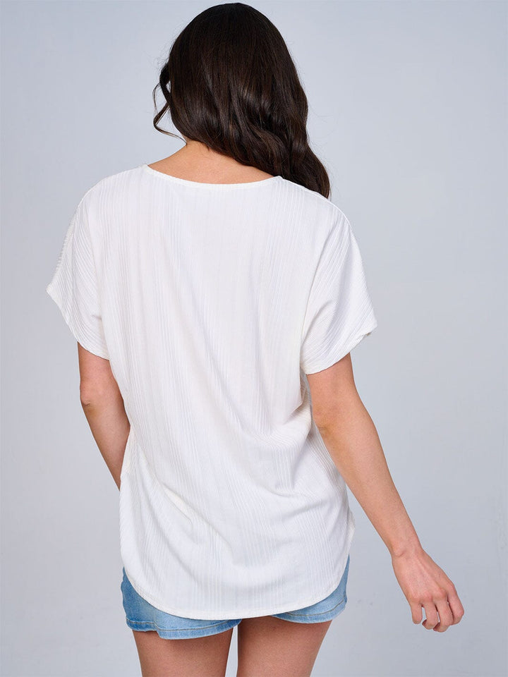 WOMEN'S SHORT SLEEVES V-NECK HIGH-LOW FRONT POCKET RIBBED BLOUSE