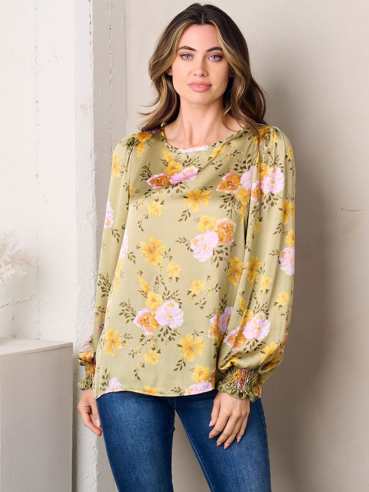 WOMEN'S LONG SLEEVE FLORAL SATIN TOP