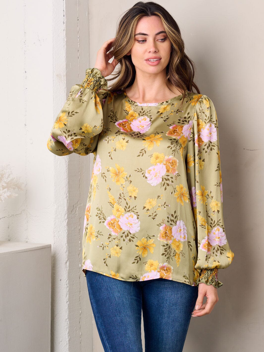WOMEN'S LONG SLEEVE FLORAL SATIN TOP