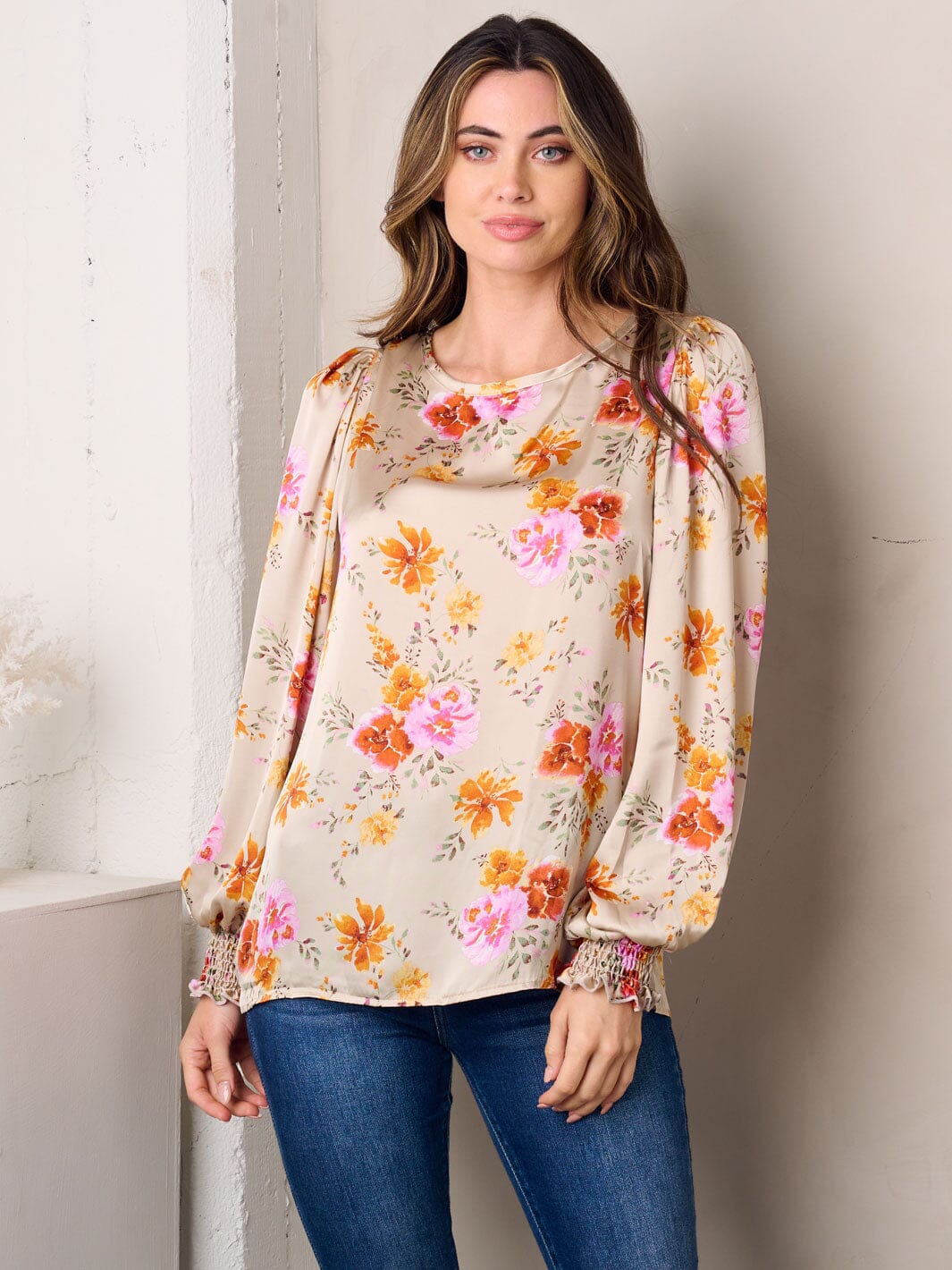 WOMEN'S LONG SLEEVE FLORAL SATIN TOP