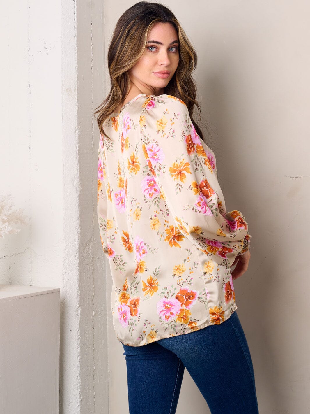 WOMEN'S LONG SLEEVE FLORAL SATIN TOP