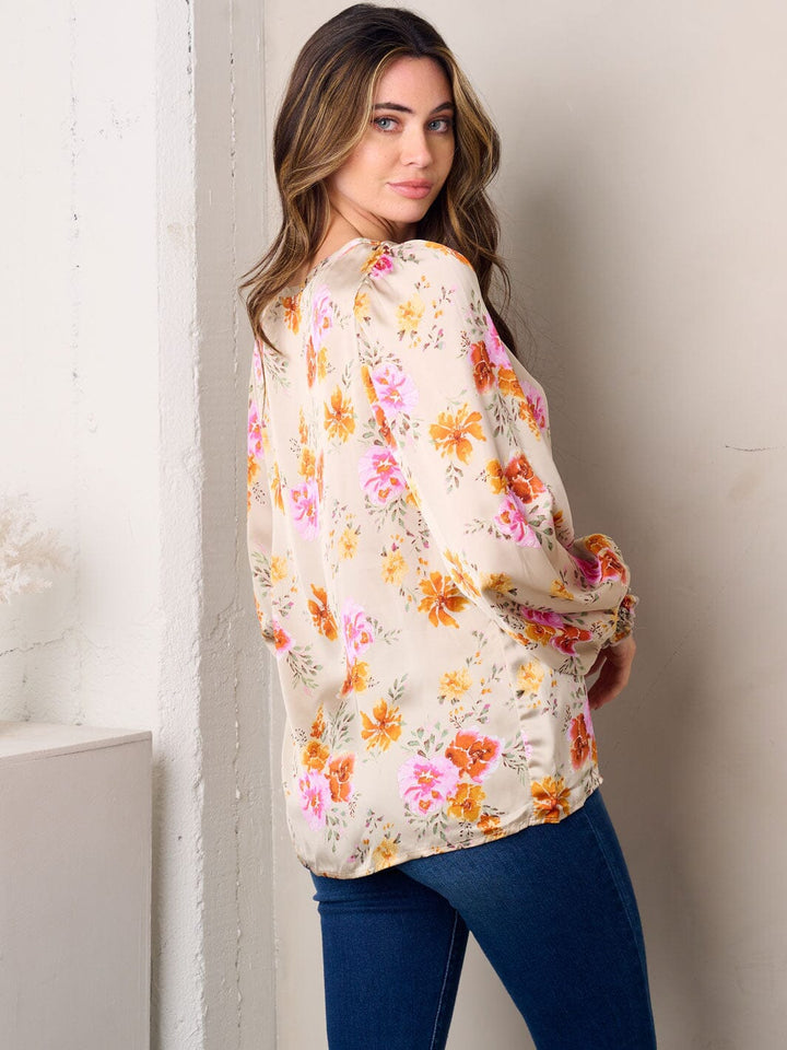 WOMEN'S LONG SLEEVE FLORAL SATIN TOP