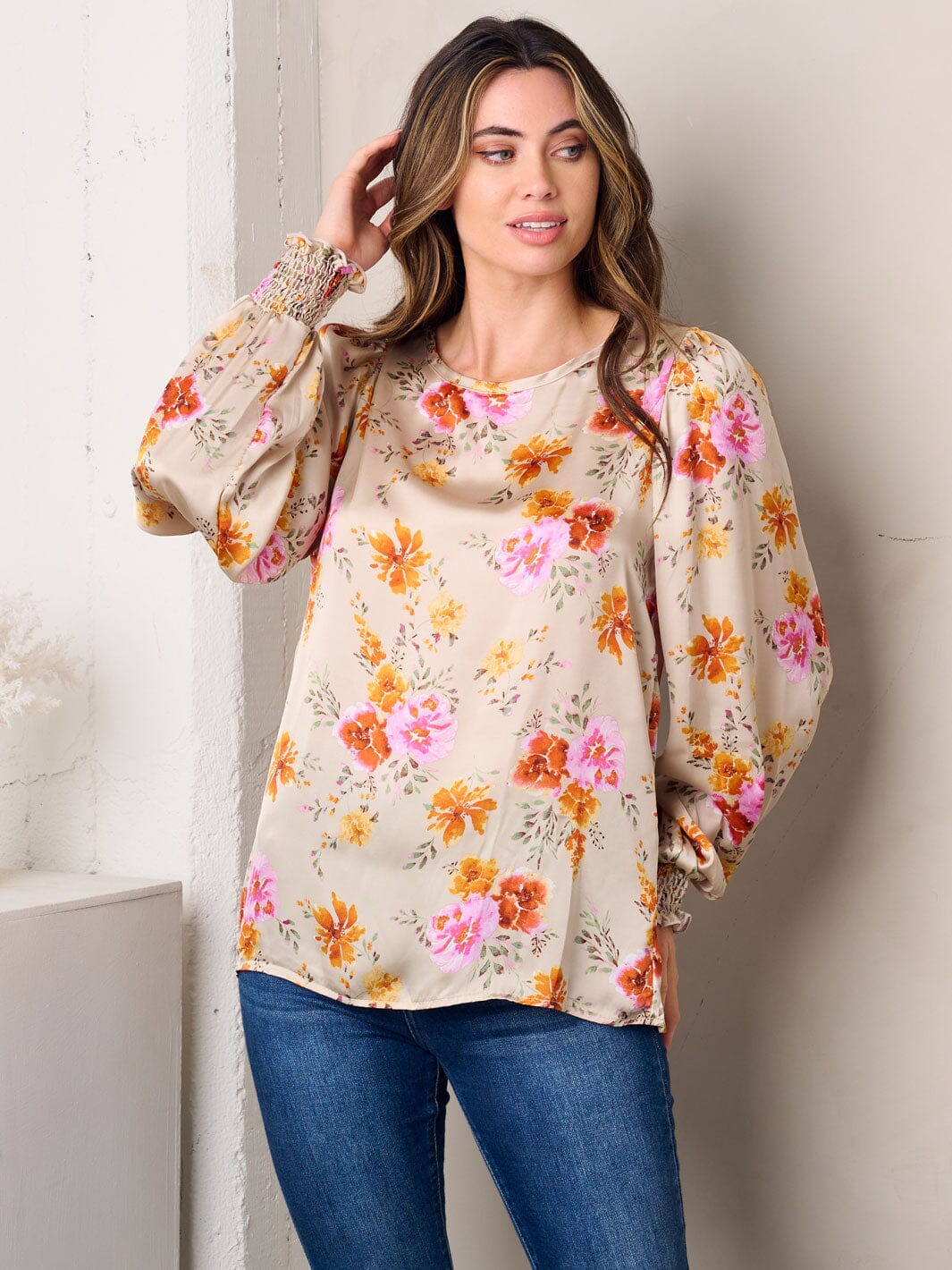 WOMEN'S LONG SLEEVE FLORAL SATIN TOP