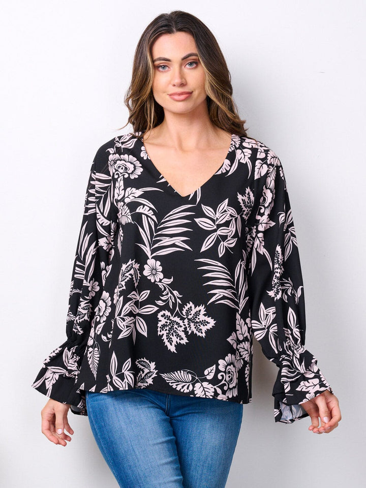 WOMEN'S LONG RUFFLE SLEEVES V-NECK FLORAL BLOUSE TOP