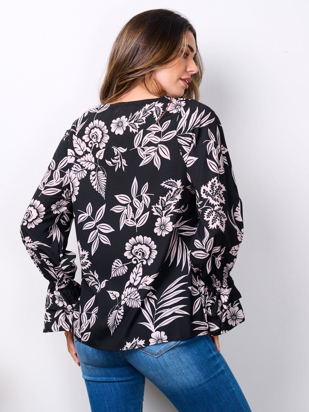 WOMEN'S LONG RUFFLE SLEEVES V-NECK FLORAL BLOUSE TOP