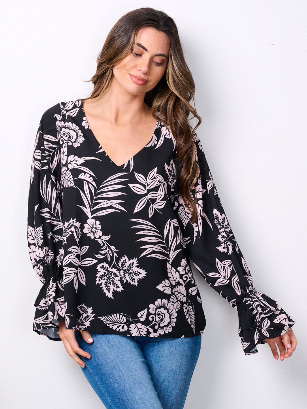 WOMEN'S LONG RUFFLE SLEEVES V-NECK FLORAL BLOUSE TOP